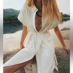 Zara White Linen Blend Oyster Shirt Belted Lace Inset Long Tunic Size Small